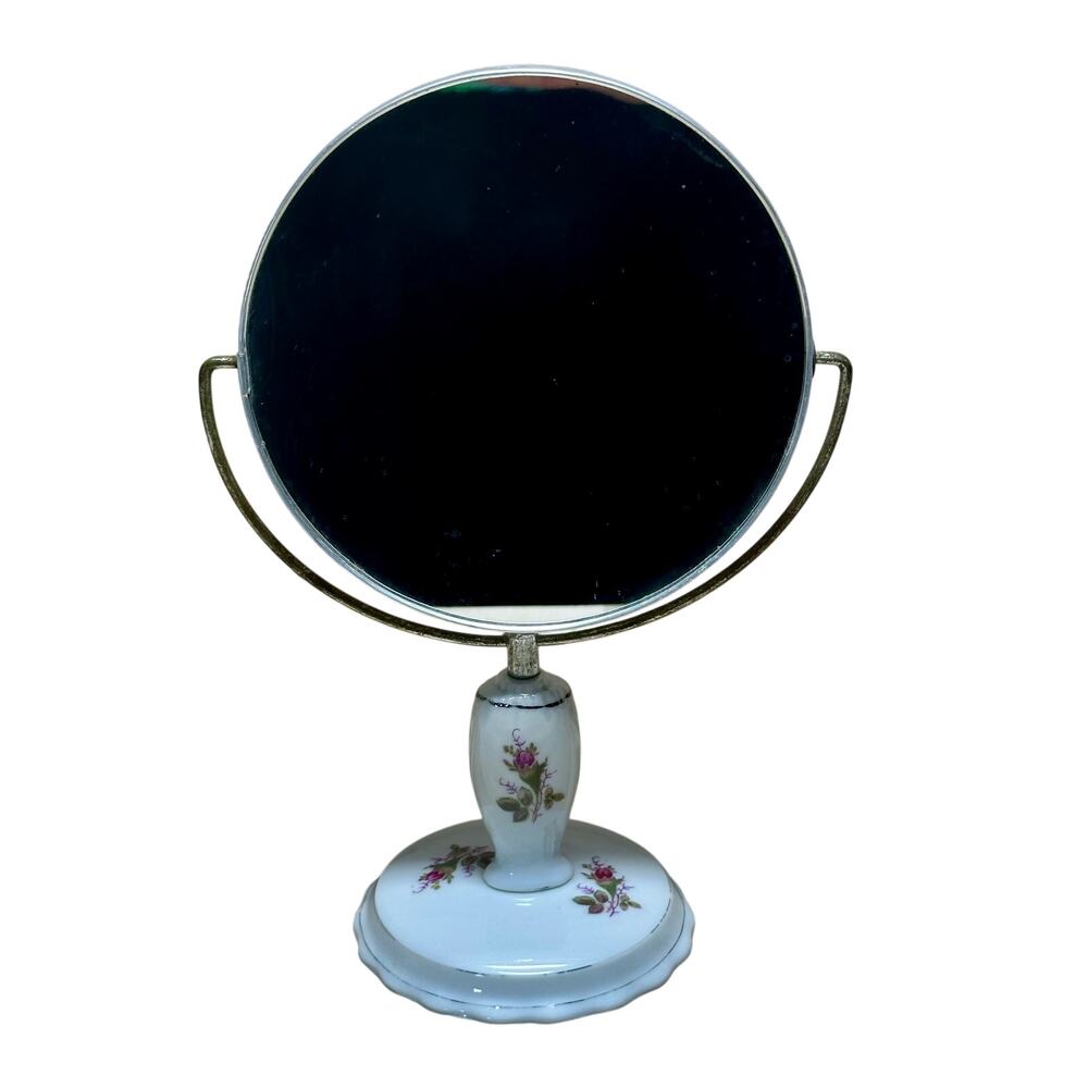 VTG Floral Porcelain Vanity Mirror Pedestal Cottage‎ Shabby Chic Romantic